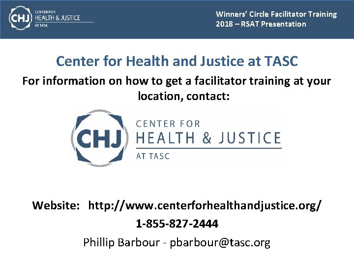 Winners’ Circle Facilitator Training 2018 – RSAT Presentation Center for Health and Justice at