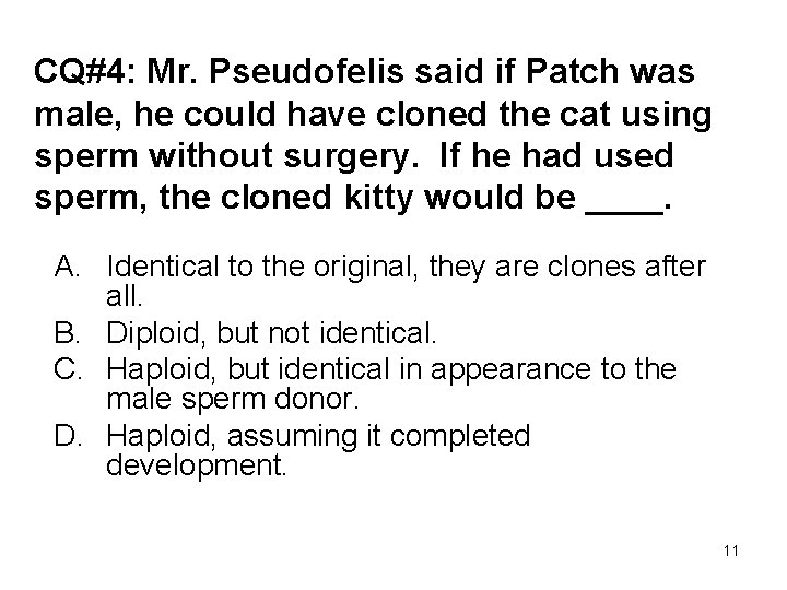 CQ#4: Mr. Pseudofelis said if Patch was male, he could have cloned the cat