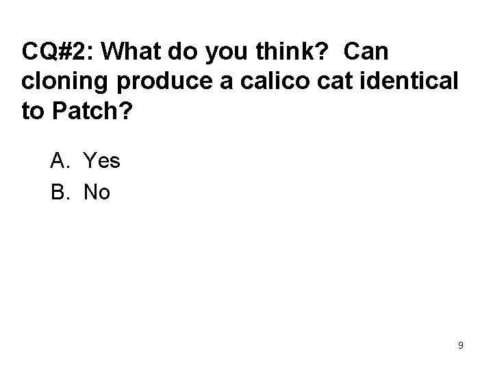 CQ#2: What do you think? Can cloning produce a calico cat identical to Patch?