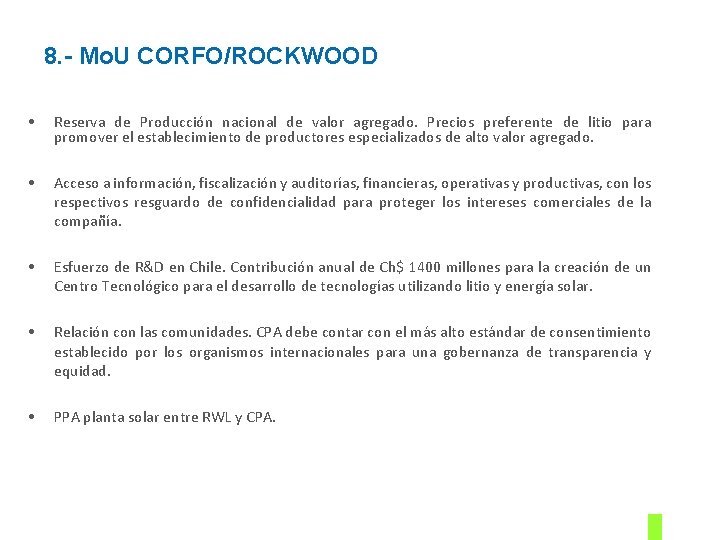 8. - Mo. U CORFO/ROCKWOOD • Reserva de Producción nacional de valor agregado. Precios