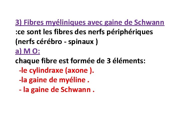 3) Fibres myéliniques avec gaine de Schwann : ce sont les fibres des nerfs