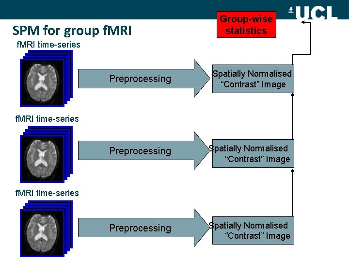 SPM for group f. MRI Group-wise statistics f. MRI time-series Preprocessing Spatially Normalised spm