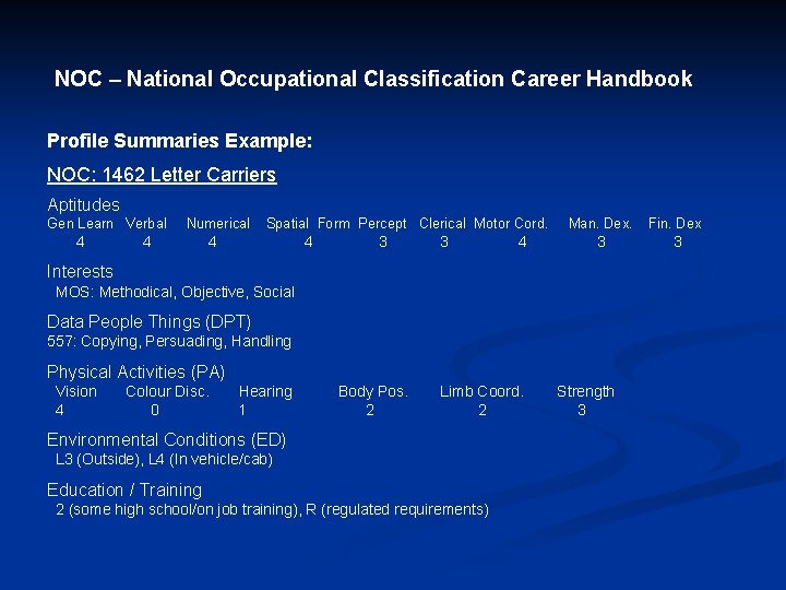 NOC – National Occupational Classification Career Handbook Profile Summaries Example: NOC: 1462 Letter Carriers
