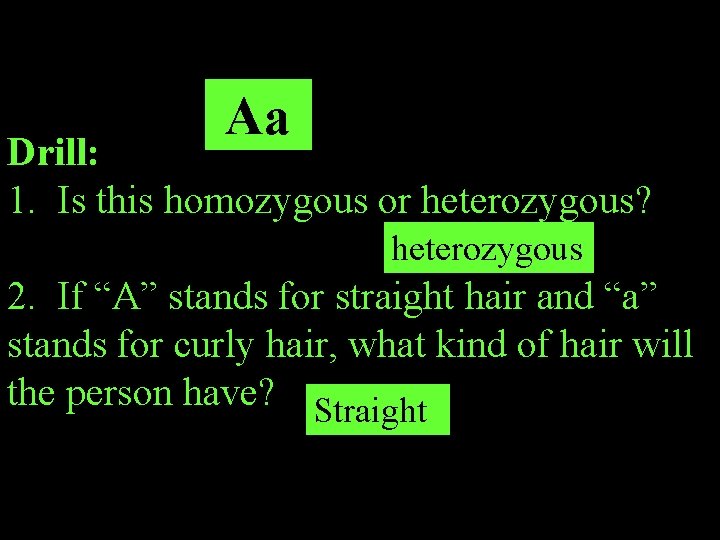 Aa Drill: 1. Is this homozygous or heterozygous? heterozygous 2. If “A” stands for