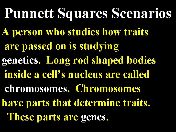 Punnett Squares Scenarios A person who studies how traits are passed on is studying