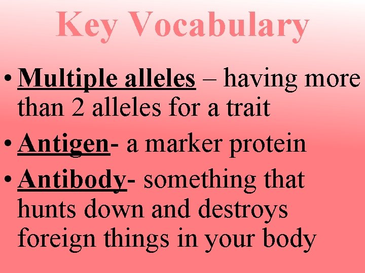 Key Vocabulary • Multiple alleles – having more than 2 alleles for a trait