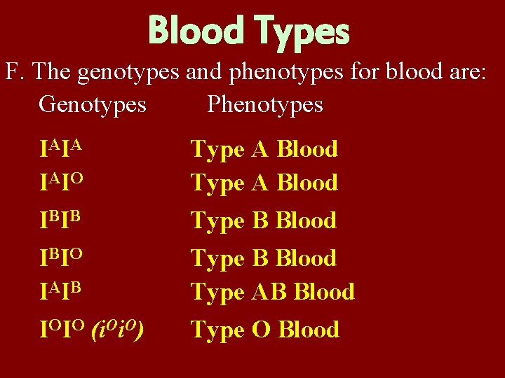 Blood Types F. The genotypes and phenotypes for blood are: Genotypes Phenotypes I AI