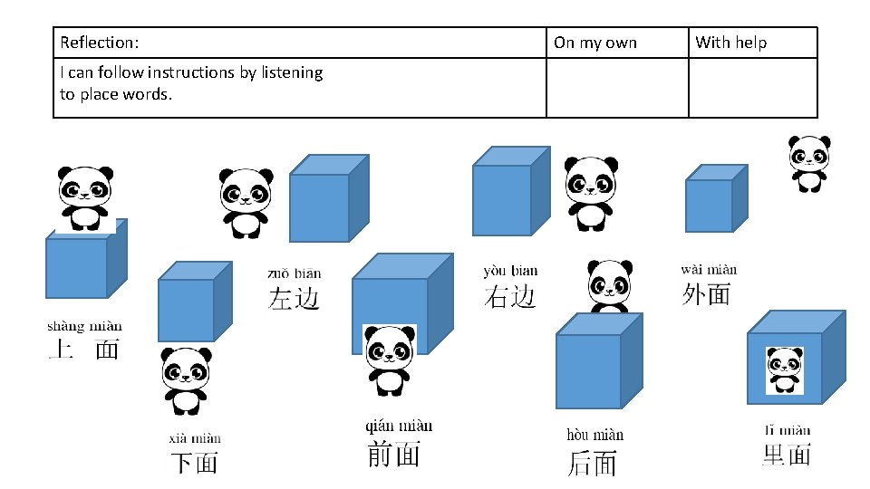 Reflection: I can follow instructions by listening to place words. On my own With