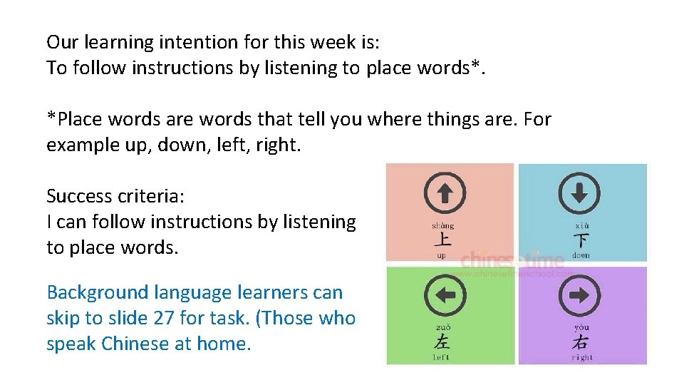 Our learning intention for this week is: To follow instructions by listening to place