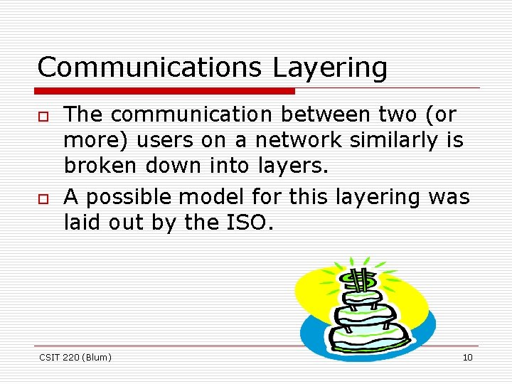 Communications Layering o o The communication between two (or more) users on a network