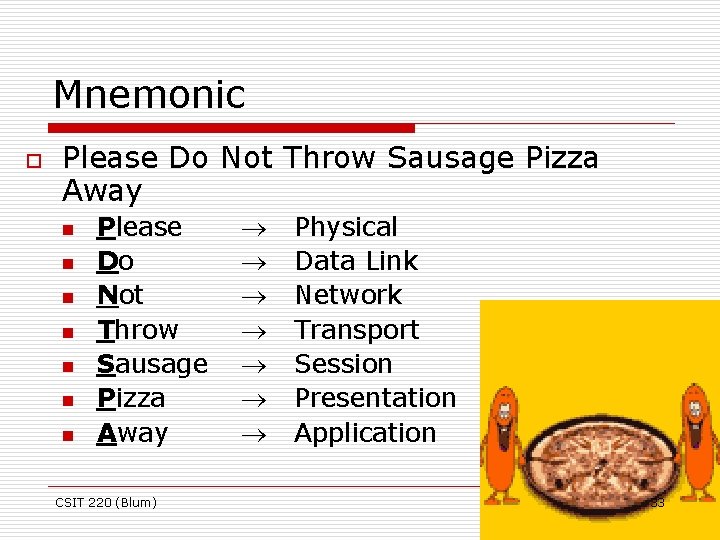 Mnemonic o Please Do Not Throw Sausage Pizza Away n n n n Please