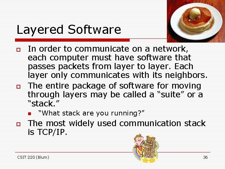 Layered Software o o In order to communicate on a network, each computer must