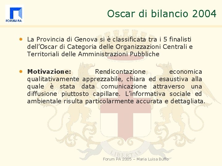 Oscar di bilancio 2004 • La Provincia di Genova si è classificata tra i
