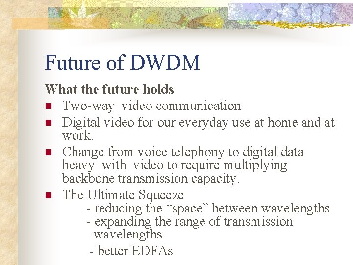Future of DWDM What the future holds n Two-way video communication n Digital video