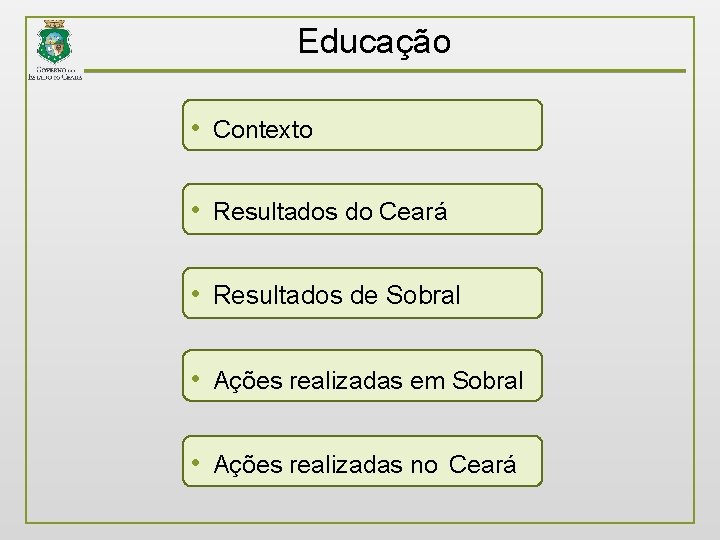 Educação • Contexto • Resultados do Ceará • Resultados de Sobral • Ações realizadas