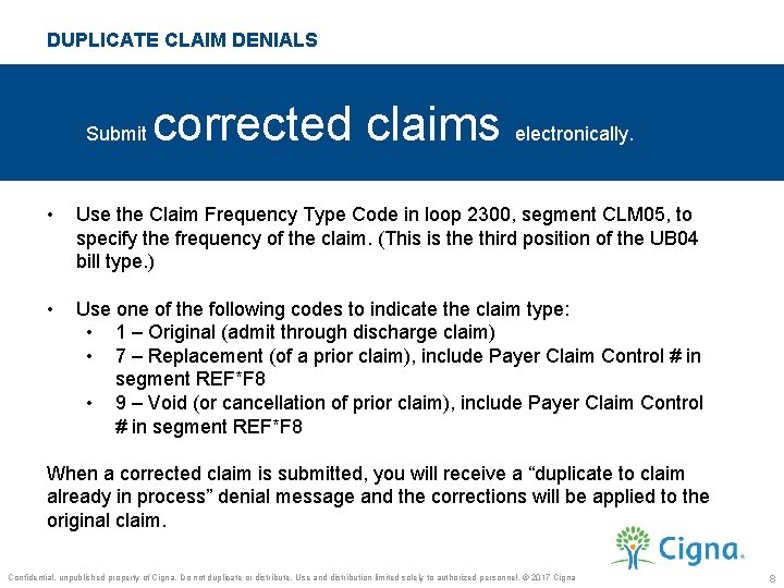 DUPLICATE CLAIM DENIALS Submit corrected claims electronically. • Use the Claim Frequency Type Code