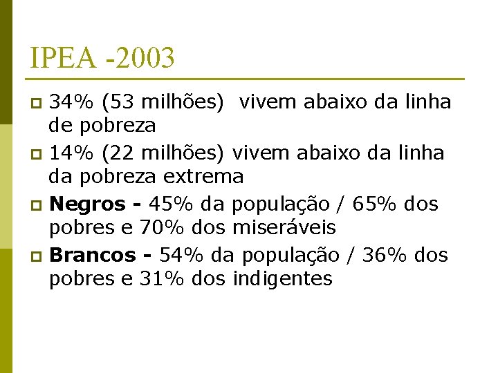 IPEA -2003 34% (53 milhões) vivem abaixo da linha de pobreza p 14% (22