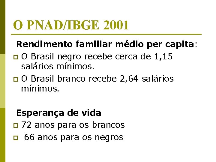 O PNAD/IBGE 2001 Rendimento familiar médio per capita: p O Brasil negro recebe cerca