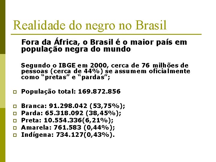 Realidade do negro no Brasil Fora da África, o Brasil é o maior país