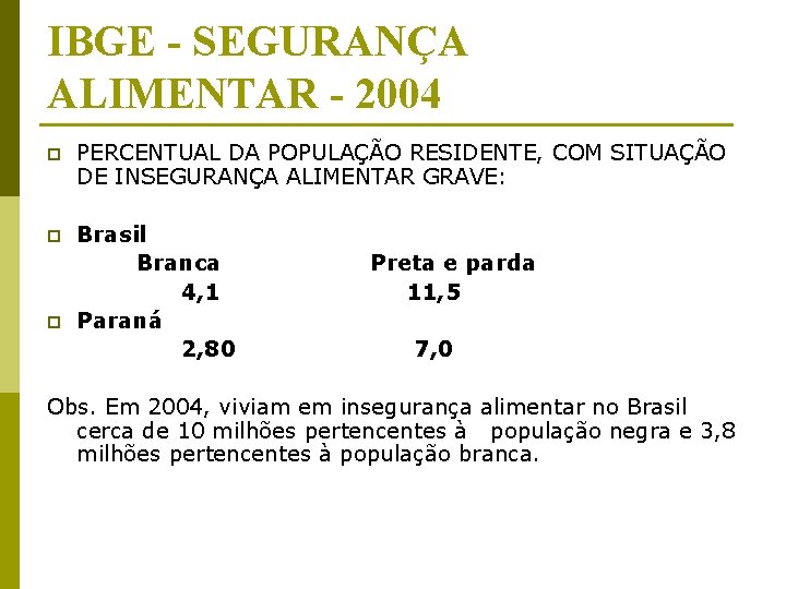 IBGE - SEGURANÇA ALIMENTAR - 2004 p PERCENTUAL DA POPULAÇÃO RESIDENTE, COM SITUAÇÃO DE