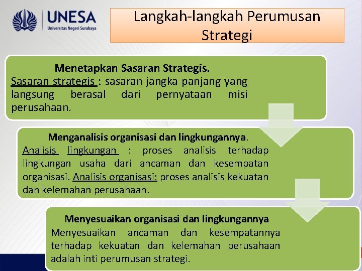 Langkah-langkah Perumusan Strategi Menetapkan Sasaran Strategis. Sasaran strategis : sasaran jangka panjang yang langsung