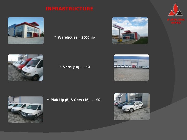 INFRASTRUCTURE ALBULENA IMPEX * Warehouse. . 2500 m 2 * Vans (10). . ….