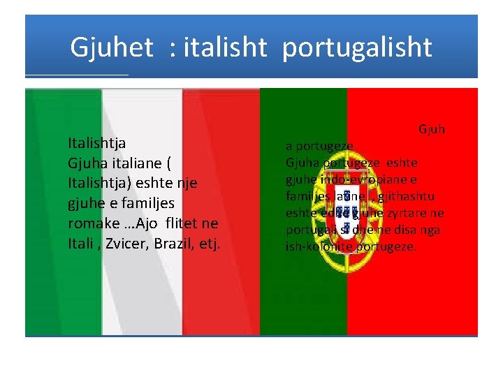 Gjuhet : italisht portugalisht Italishtja Gjuha italiane ( Italishtja) eshte nje gjuhe e familjes