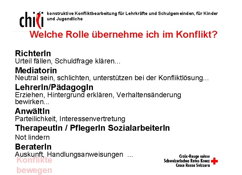 konstruktive Konfliktbearbeitung für Lehrkräfte und Schulgemeinden, für Kinder und Jugendliche Welche Rolle übernehme ich