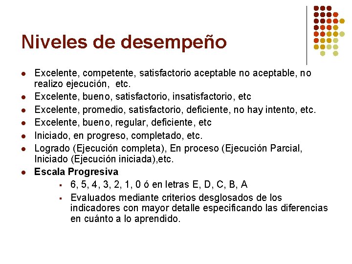 Niveles de desempeño l l l l Excelente, competente, satisfactorio aceptable no aceptable, no