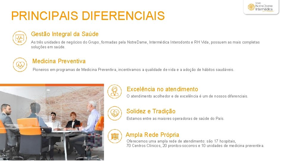 PRINCIPAIS DIFERENCIAIS Gestão Integral da Saúde As três unidades de negócios do Grupo, formadas