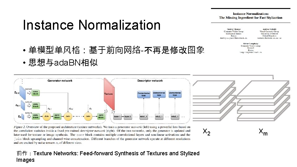 Instance Normalization • 单模型单风格：基于前向网络-不再是修改图象 • 思想与ada. BN相似 c w h x 1 前作：Texture Networks: