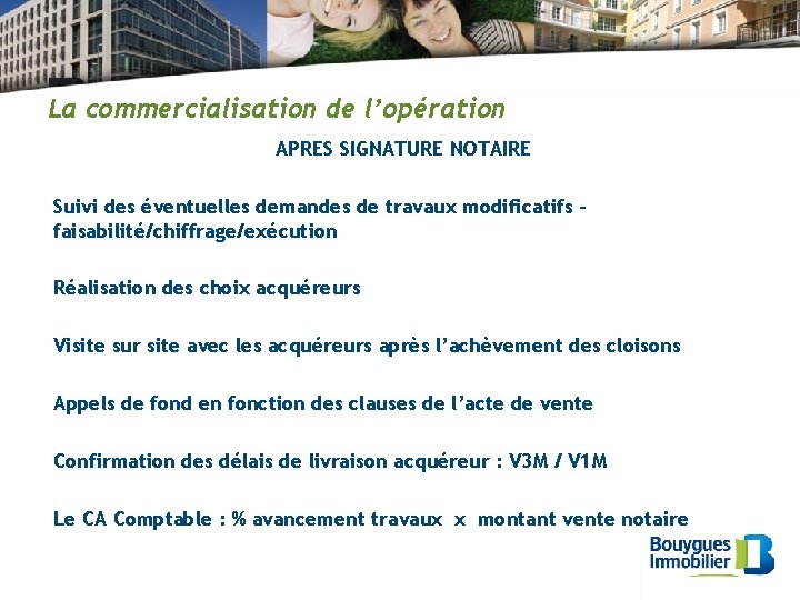 La commercialisation de l’opération APRES SIGNATURE NOTAIRE Suivi des éventuelles demandes de travaux modificatifs