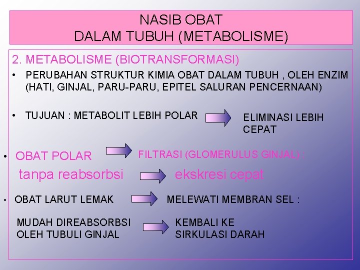NASIB OBAT DALAM TUBUH (METABOLISME) 2. METABOLISME (BIOTRANSFORMASI) • PERUBAHAN STRUKTUR KIMIA OBAT DALAM