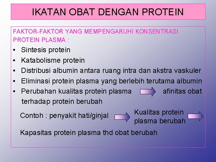 IKATAN OBAT DENGAN PROTEIN FAKTOR-FAKTOR YANG MEMPENGARUHI KONSENTRASI PROTEIN PLASMA : • • •