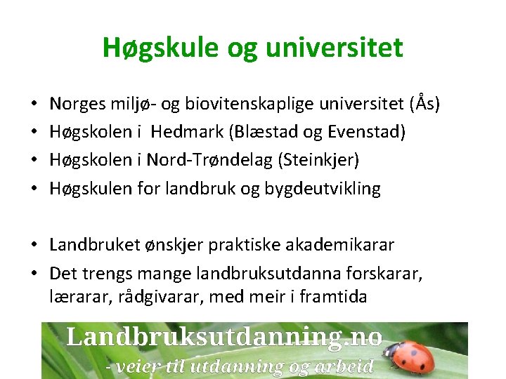 Høgskule og universitet • • Norges miljø- og biovitenskaplige universitet (Ås) Høgskolen i Hedmark