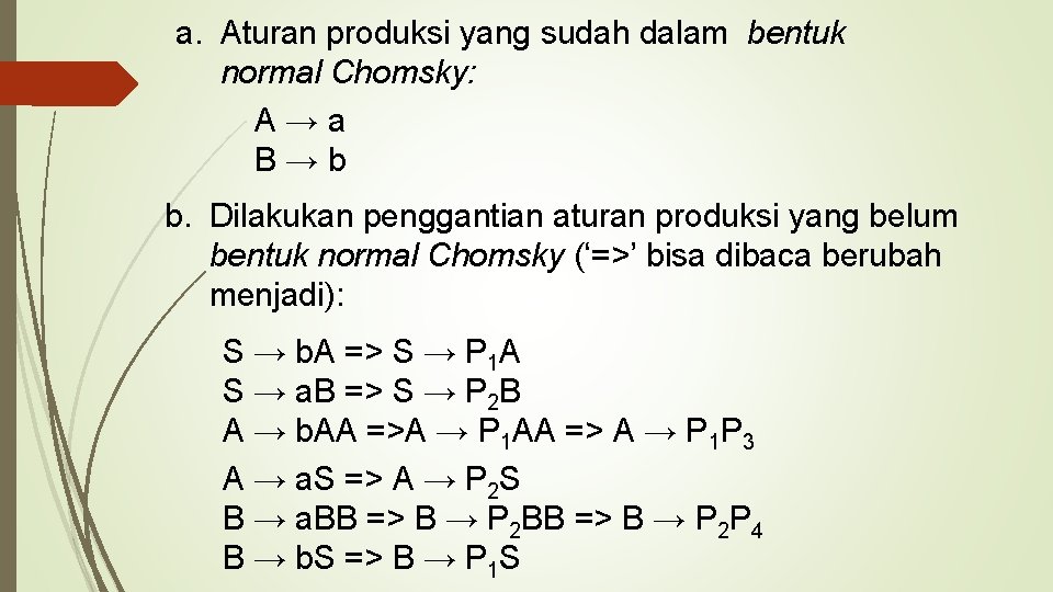 a. Aturan produksi yang sudah dalam bentuk normal Chomsky: A → a B →