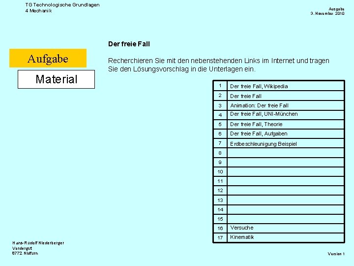 TG Technologische Grundlagen 4 Mechanik Ausgabe 3. November 2010 Der freie Fall Aufgabe Material