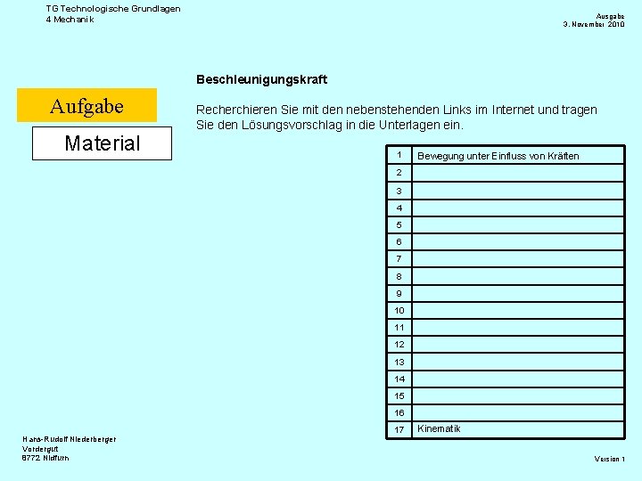 TG Technologische Grundlagen 4 Mechanik Ausgabe 3. November 2010 Beschleunigungskraft Aufgabe Material Recherchieren Sie