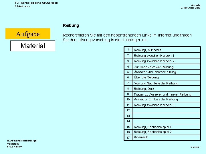 TG Technologische Grundlagen 4 Mechanik Ausgabe 3. November 2010 Reibung Aufgabe Material Recherchieren Sie