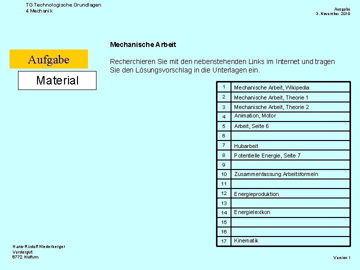 TG Technologische Grundlagen 4 Mechanik Ausgabe 3. November 2010 Mechanische Arbeit Aufgabe Material Recherchieren