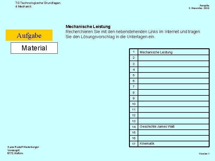 TG Technologische Grundlagen 4 Mechanik Aufgabe Material Ausgabe 3. November 2010 Mechanische Leistung Recherchieren