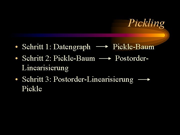 Pickling • Schritt 1: Datengraph Pickle-Baum • Schritt 2: Pickle-Baum Postorder. Linearisierung • Schritt