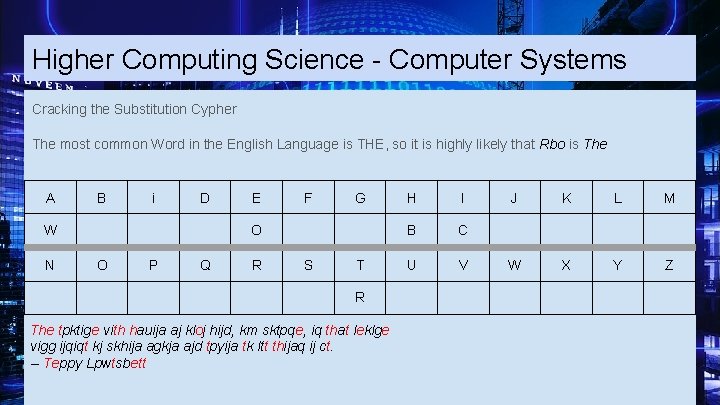 Higher Computing Science - Computer Systems Cracking the Substitution Cypher The most common Word