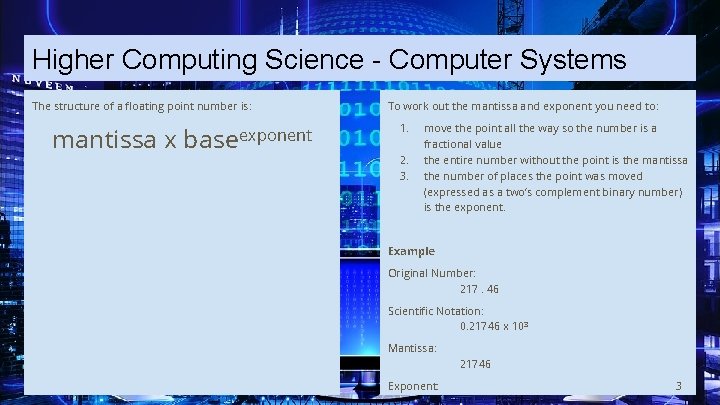 Higher Computing Science - Computer Systems The structure of a floating point number is: