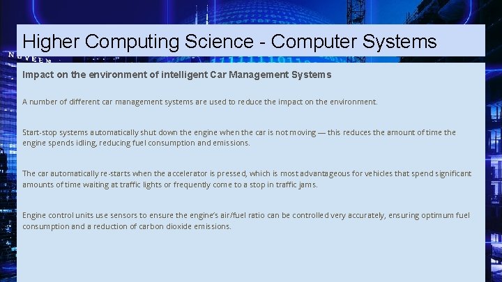 Higher Computing Science - Computer Systems Impact on the environment of intelligent Car Management