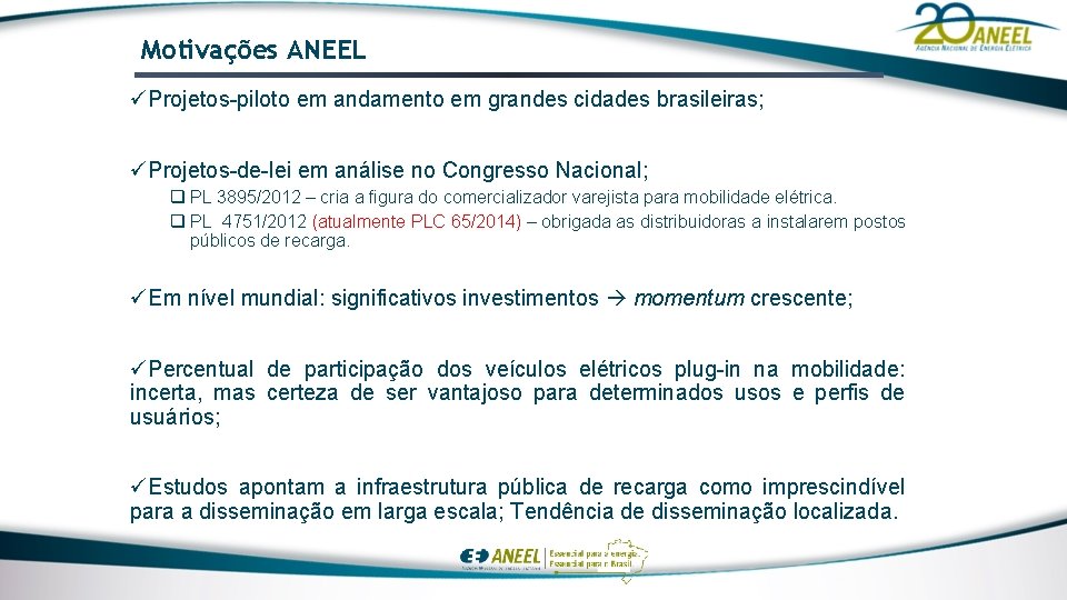 Motivações ANEEL üProjetos-piloto em andamento em grandes cidades brasileiras; üProjetos-de-lei em análise no Congresso