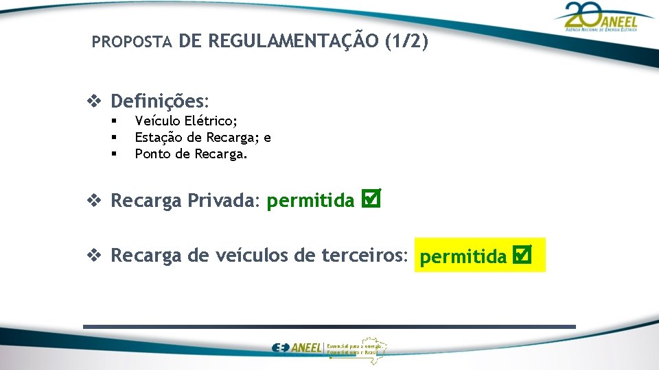 PROPOSTA DE REGULAMENTAÇÃO (1/2) v Definições: § § § Veículo Elétrico; Estação de Recarga;