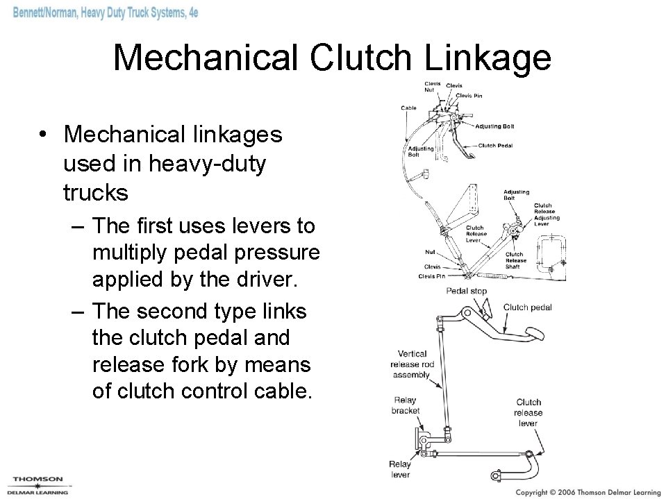 Mechanical Clutch Linkage • Mechanical linkages used in heavy-duty trucks – The first uses