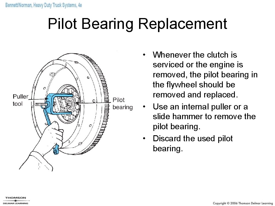 Pilot Bearing Replacement • Whenever the clutch is serviced or the engine is removed,