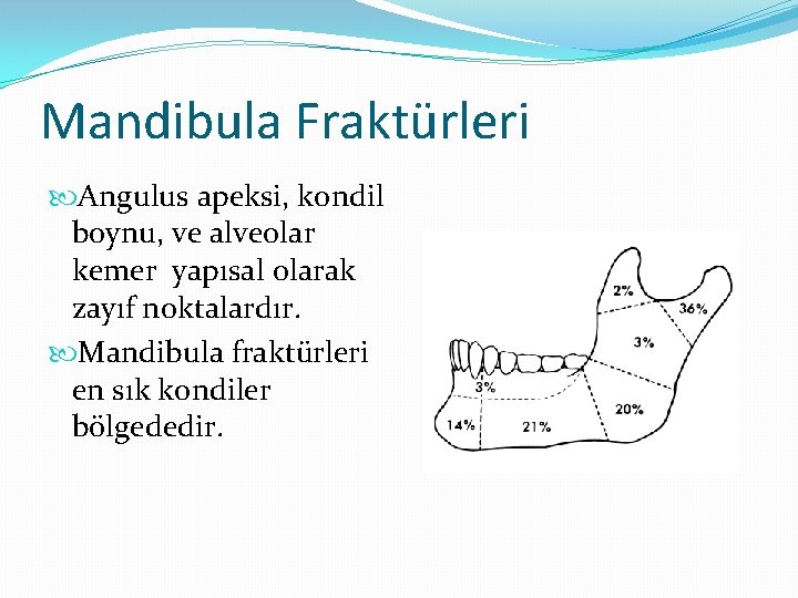 Mandibula Fraktürleri Angulus apeksi, kondil boynu, ve alveolar kemer yapısal olarak zayıf noktalardır. Mandibula